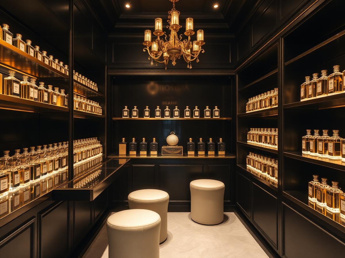 The Solaire Perfumery atelier with brass shelving of fragrance vials and cream velvet stools