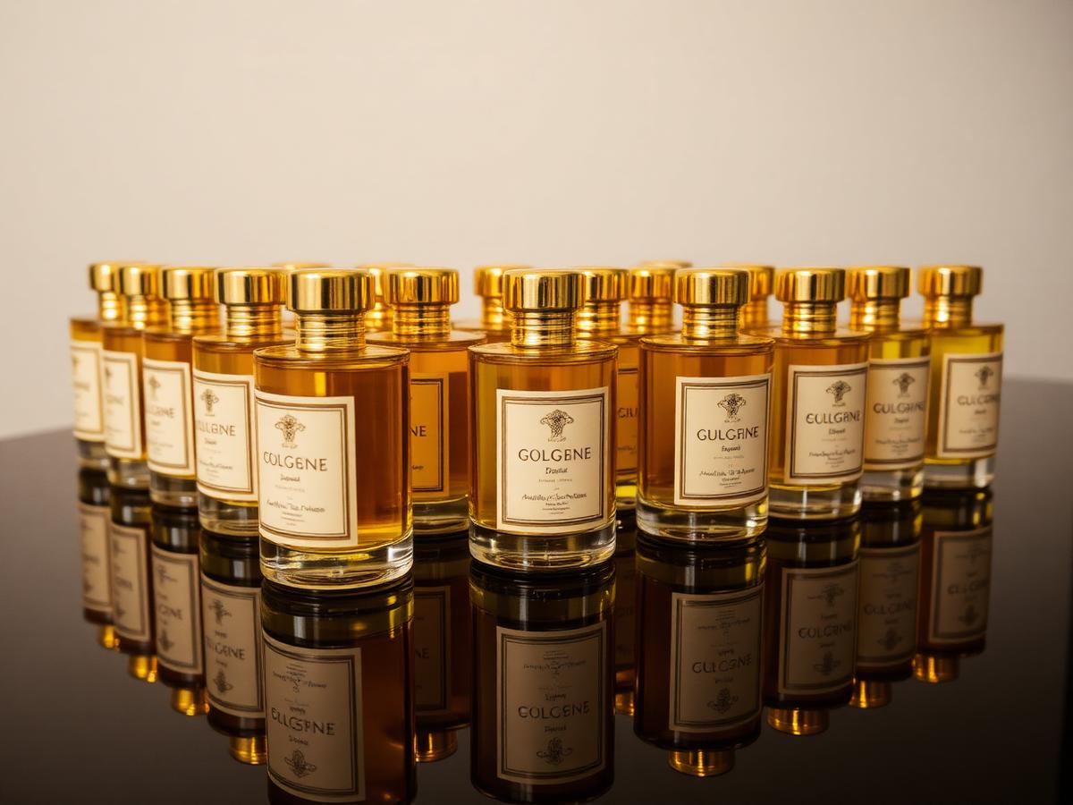 Finished custom cologne bottles with gold caps and cream labels