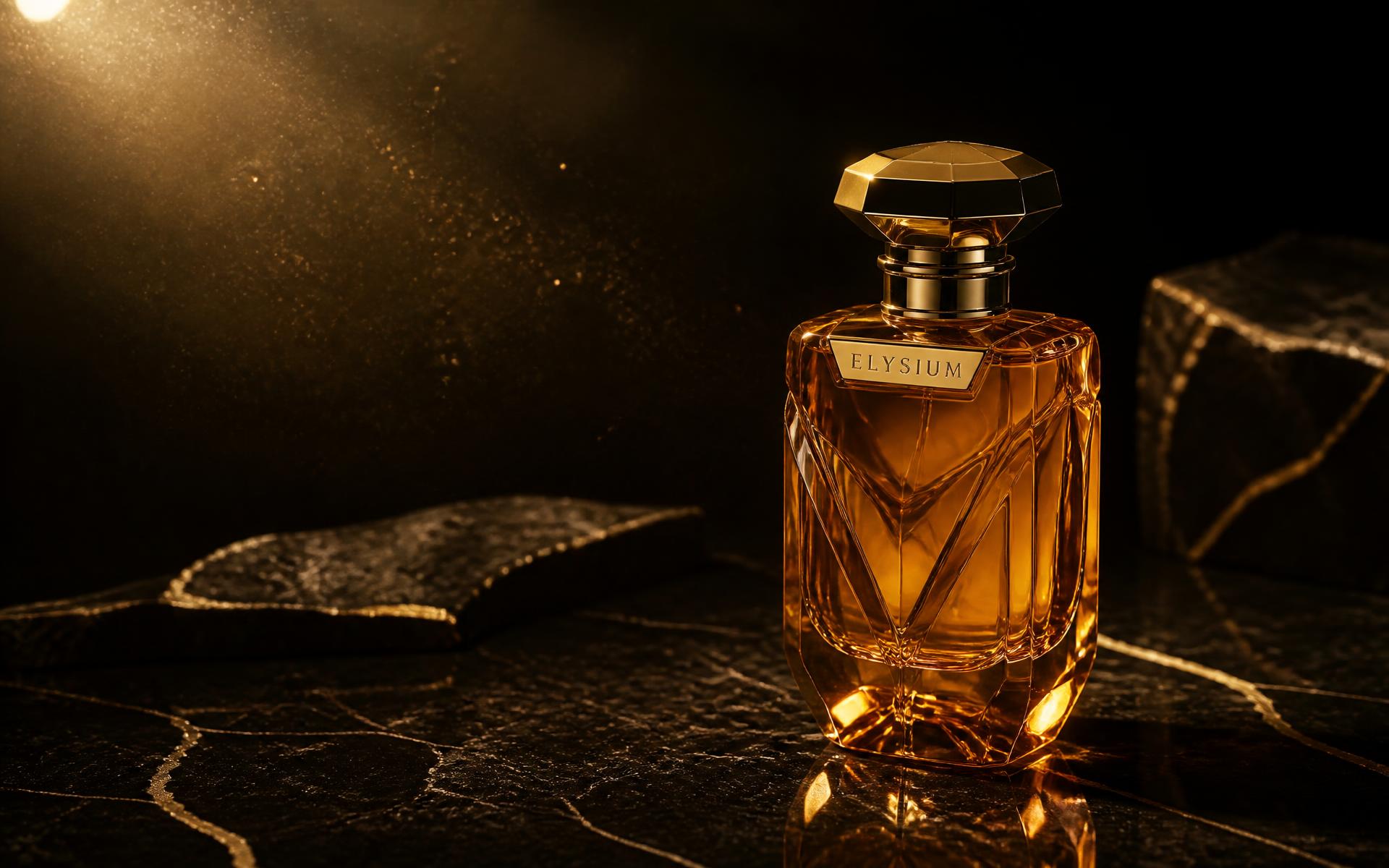Faceted amber cologne bottle with a gold cap resting on black marble