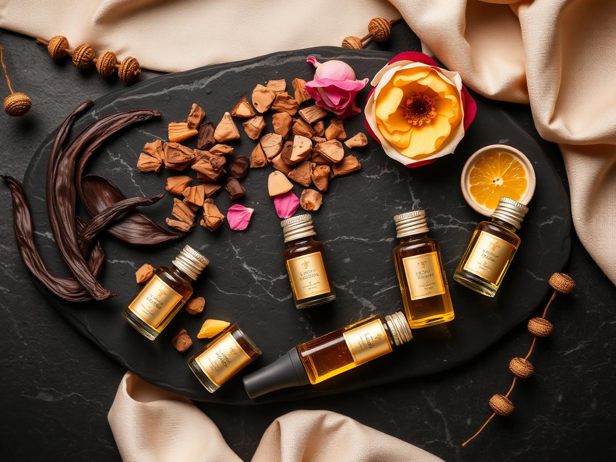 Fragrance ingredients including vanilla pods, sandalwood, dried roses and gold-labeled oil vials