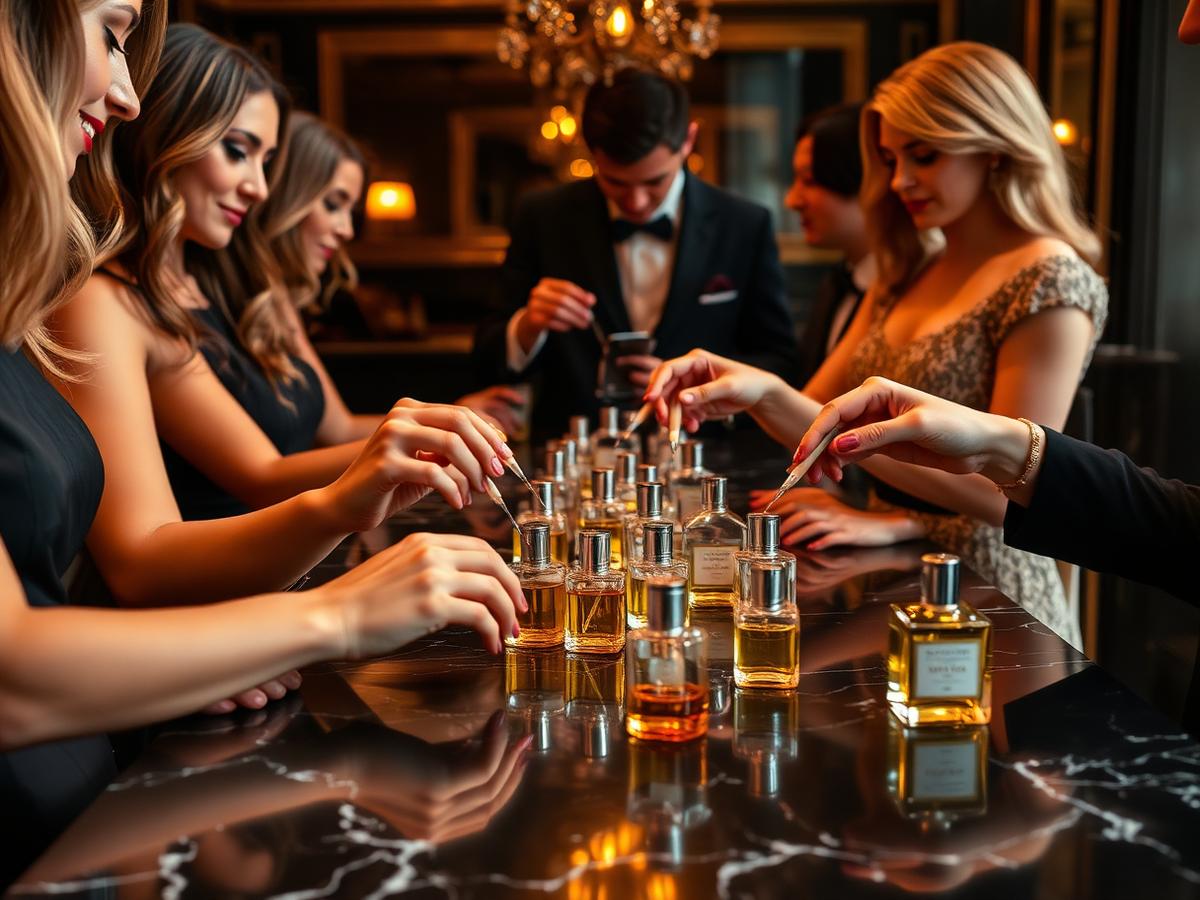Guests blending cologne with pipettes at a marble table